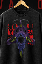 Black t-shirt with 'EVA 01' design on a wooden hanger against a black background
